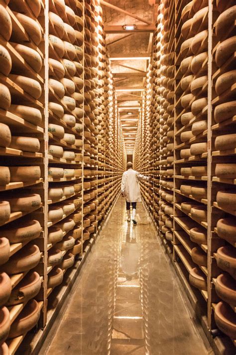 Intérieur des caves d'affinage avec les meules de Comté empilées