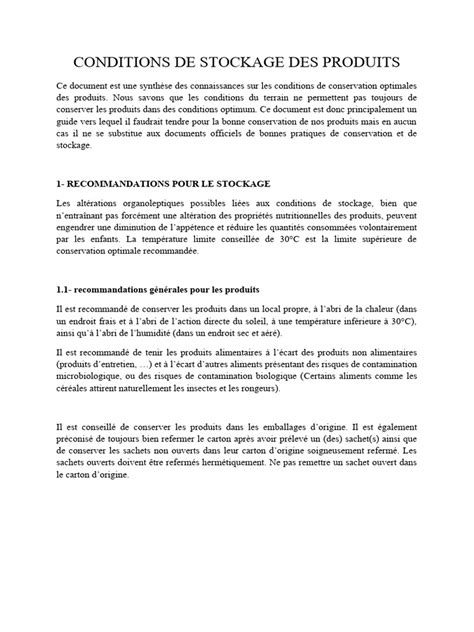 Diagramme des conditions de stockage optimales