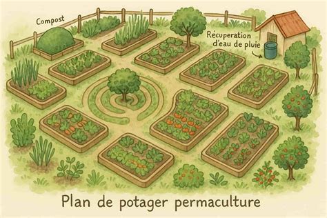 Illustration d'un potager en permaculture avec différentes zones de paillage