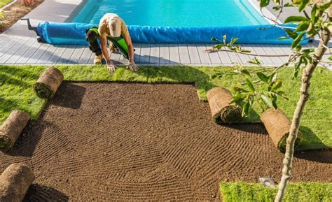 schéma de pose de lés de gazon autour d'une piscine