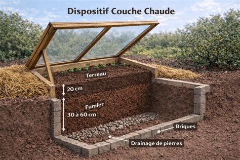 Diagramme d'une couche chaude avec fosse, fumier et terreau