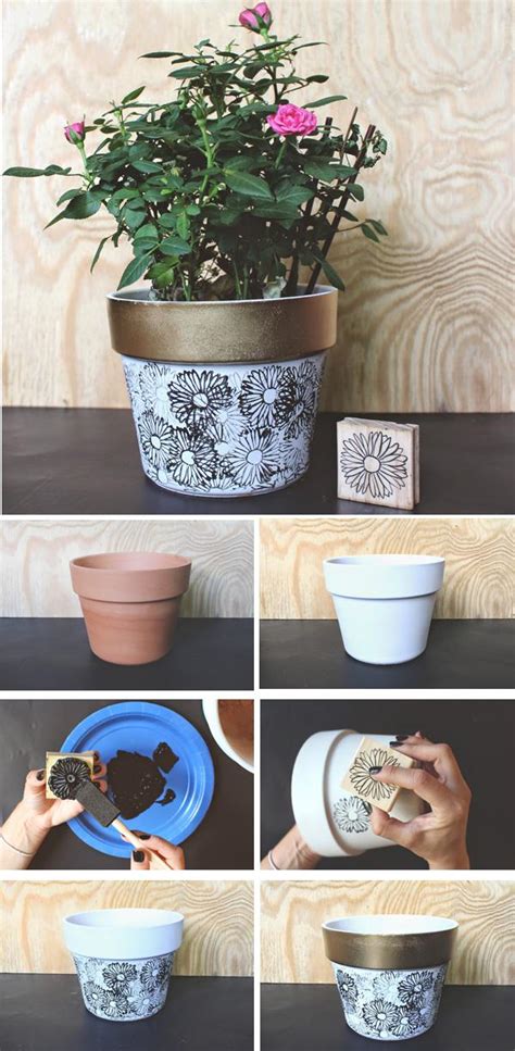 Exemple de pots de fleurs customisés avec des motifs géométriques et de la peinture ardoise