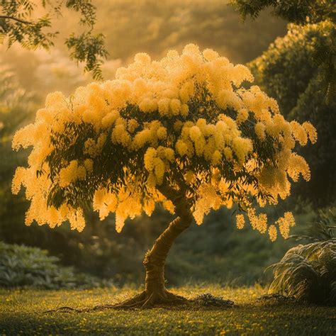 Illustration montrant un pied mère de mimosa en pleine floraison avec ses pompons jaunes caractéristiques
