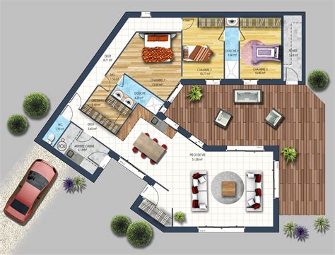 Schéma de l'agencement intérieur d'un gîte normand typique avec espace de vie ouvert