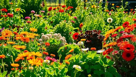 Photo d'un jardin en permaculture mature avec mélange de fleurs et légumes