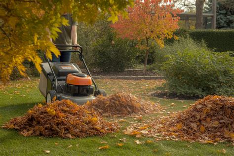 Tondeuse broyant des feuilles mortes