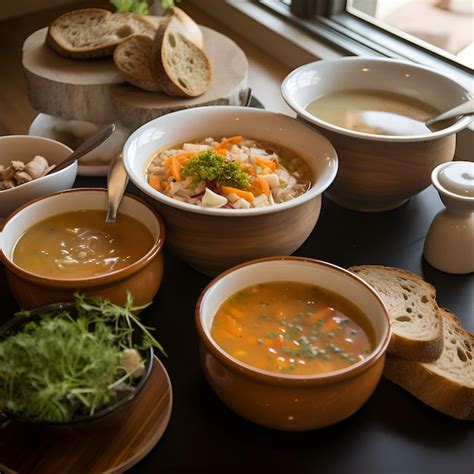 une table dressée avec des bols de soupe de différentes couleurs, des herbes fraîches et du pain