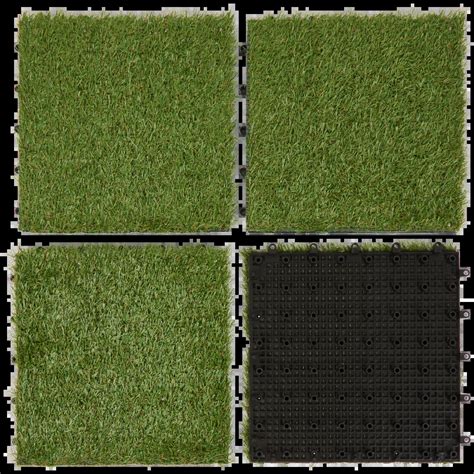 Mosaïque de dalles de gazon synthétique de différentes couleurs : vert, blanc, gris, rouge.