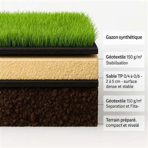 Schéma illustrant les étapes de pose du gazon synthétique, de la préparation du sol à la fixation.