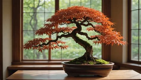 Un bonsaï d'érable du Japon en automne avec un feuillage flamboyant