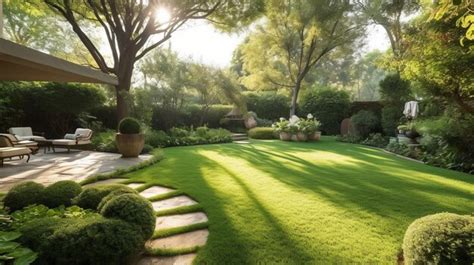 Vue d'ensemble d'une terrasse propre et bien entretenue entourée d'un jardin paysager