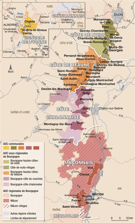Carte des appellations viticoles de Bourgogne, mettant en évidence Auxey-Duresses et Pommard