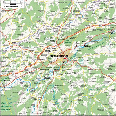 Carte de Besançon et ses environs avec les lieux d'événements marqués