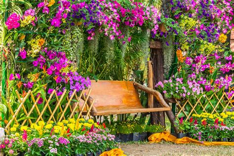 jardin fleuri avec structures verticales
