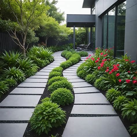 Allée de jardin moderne avec paillage minéral et végétal