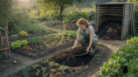 Photo montrant un jardinier incorporant du compost au sol au printemps