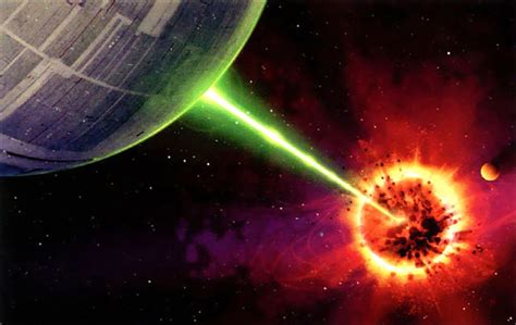 Illustration de l'impact du rayon de l'Étoile Noire sur la surface de Scarif