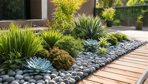 Exemple de mise en scène avec des galets et des succulentes dans un vase haut