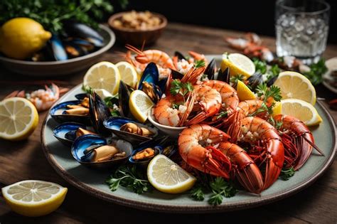 Assiette de fruits de mer garnie de perles de citron caviar