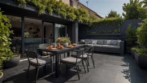 Photo de la terrasse ensoleillée de la Villa des Hortensias entourée par le jardin
