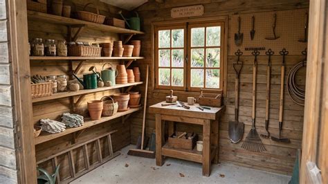 Intérieur d'un abri de jardin avec étagères et crochets