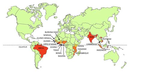Carte montrant les régions productrices de noix de coco dans le monde