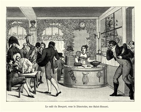 Gravure ancienne représentant un café parisien du 18ème siècle