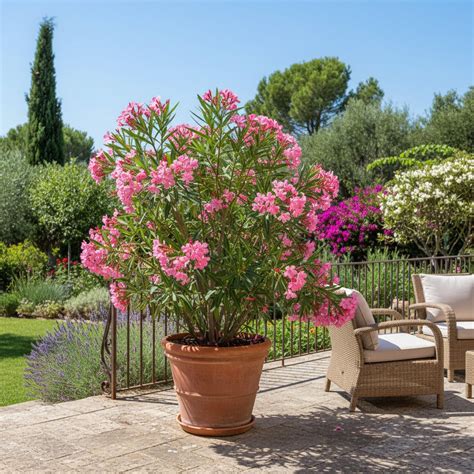 Laurier rose en pot protégé par du papier bulle