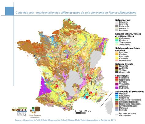 Carte schématique montrant la répartition des différents types de sols et leur teneur typique en matière organique.