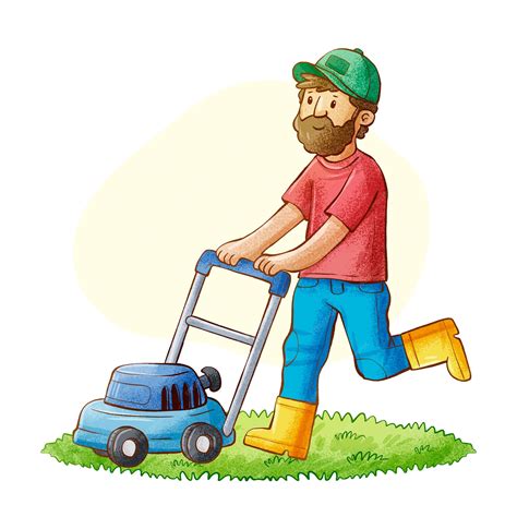 Illustration montrant un jardinier utilisant une tondeuse à gazon dans un environnement résidentiel paisible
