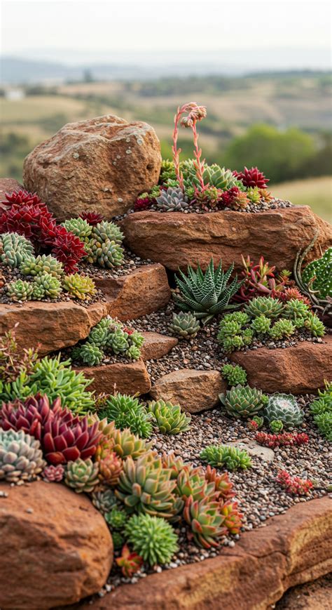 Diversité de succulentes plantées dans un aménagement paysager