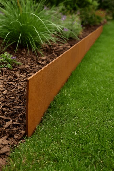 Illustration d'un jardin structuré avec des bordures en acier corten délimitant des massifs et des allées