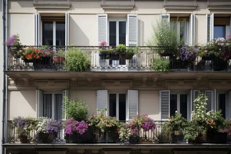 Illustration d'un balcon fleuri avec différents types de supports muraux et au sol