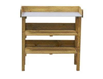 Une table à rempoter en bois avec des petits pots de fleurs colorés