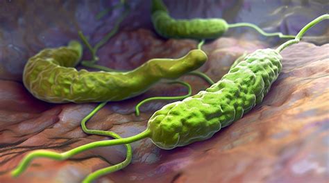 Illustration microscopique de la bactérie Helicobacter pylori colonisant la muqueuse gastrique