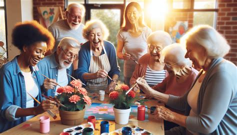 Fête d'anniversaire avec musiciens, ballons et résidents joyeux en EHPAD