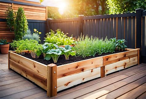 Illustration d'un potager surélevé en bois sur une terrasse urbaine