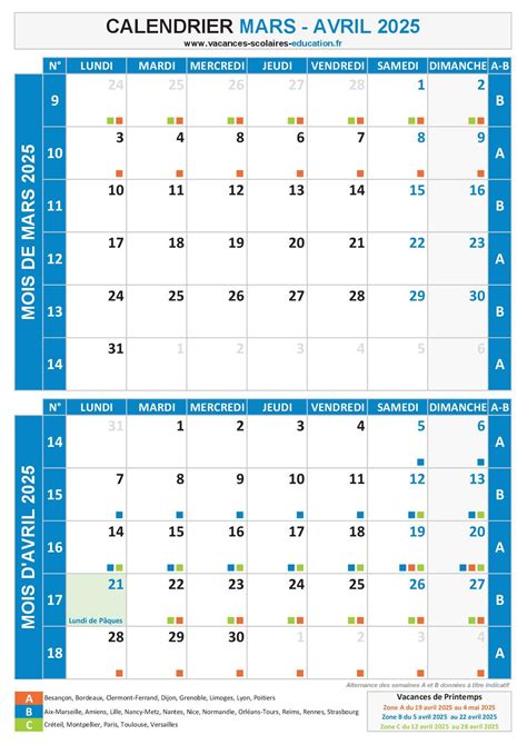 Calendrier mettant en évidence les mois de février, mars et avril