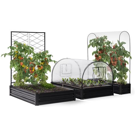 Schéma d'un carré potager avec serre démontrant les différentes couches de substrat et la structure protectrice.