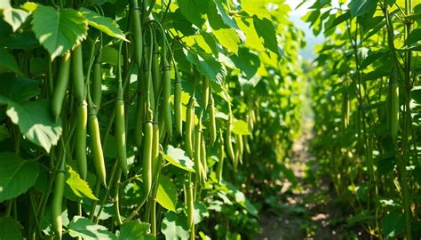 Champ de haricots en fleur avec des tuteurs en bois