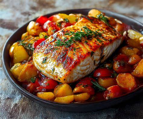 Assiette de filet de poisson raffiné accompagnée de légumes de saison