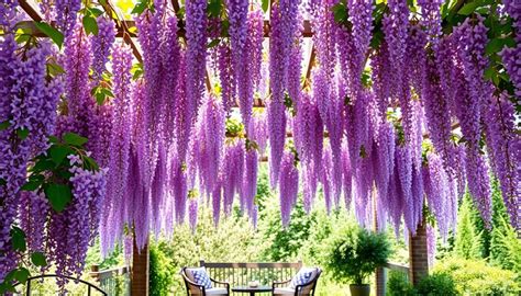 Pergola couverte de glycine en pleine floraison