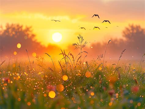champ d'herbe verdoyante au lever du soleil avec des toiles d'araignées scintillantes
