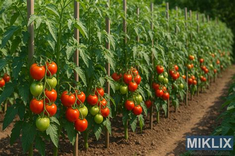 Jardin de légumes avec des plants de tomates tuteurés