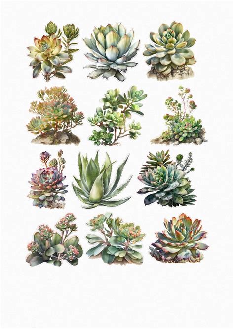 Illustration de diverses plantes succulentes aux formes et couleurs variées