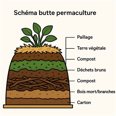 Schéma illustrant la structure en couches d'une butte de permaculture classique