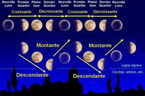Schéma illustrant la différence entre Lune montante et Lune descendante