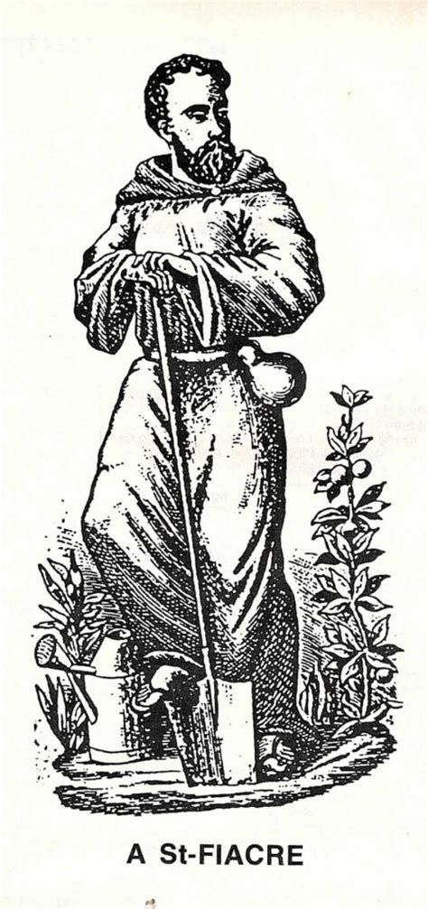 Sculpture de Saint Fiacre avec une bêche dans un jardin