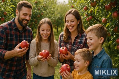 Famille cueillant des pommes dans un verger ensoleillé