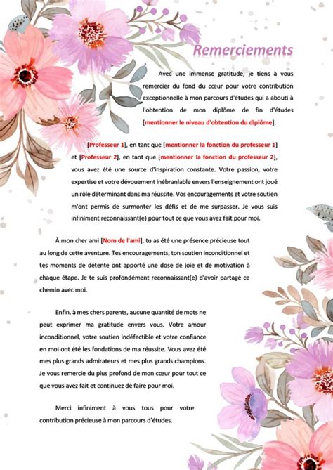 Illustration conceptuelle d'un document académique structuré avec une page de remerciements mise en valeur